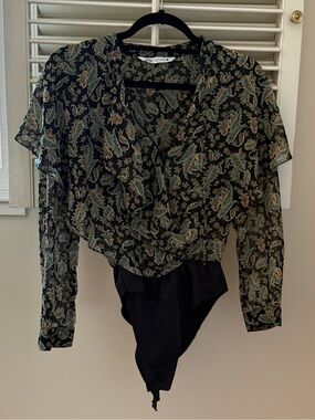Zara Black & Green Paisley Wrap Bodysuit